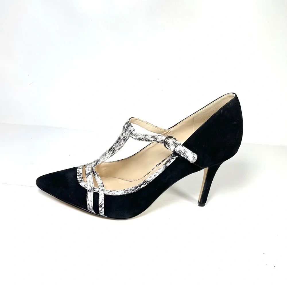 Nine West Jantine Women's T-Strap Pumps Pointed Toe Black Suede‎ Size 7.5 M